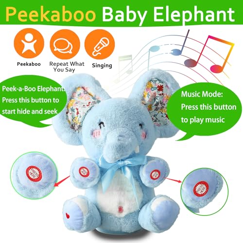 HCdoujoy Baby Blue Peek A Boo Elephant Plush Stuffed Singing Elephant Repeat What You Say Musical for Toddler with Moving Ear Singing Talking Stuffed Animal Baby Toy for Boy Girl - Image 5