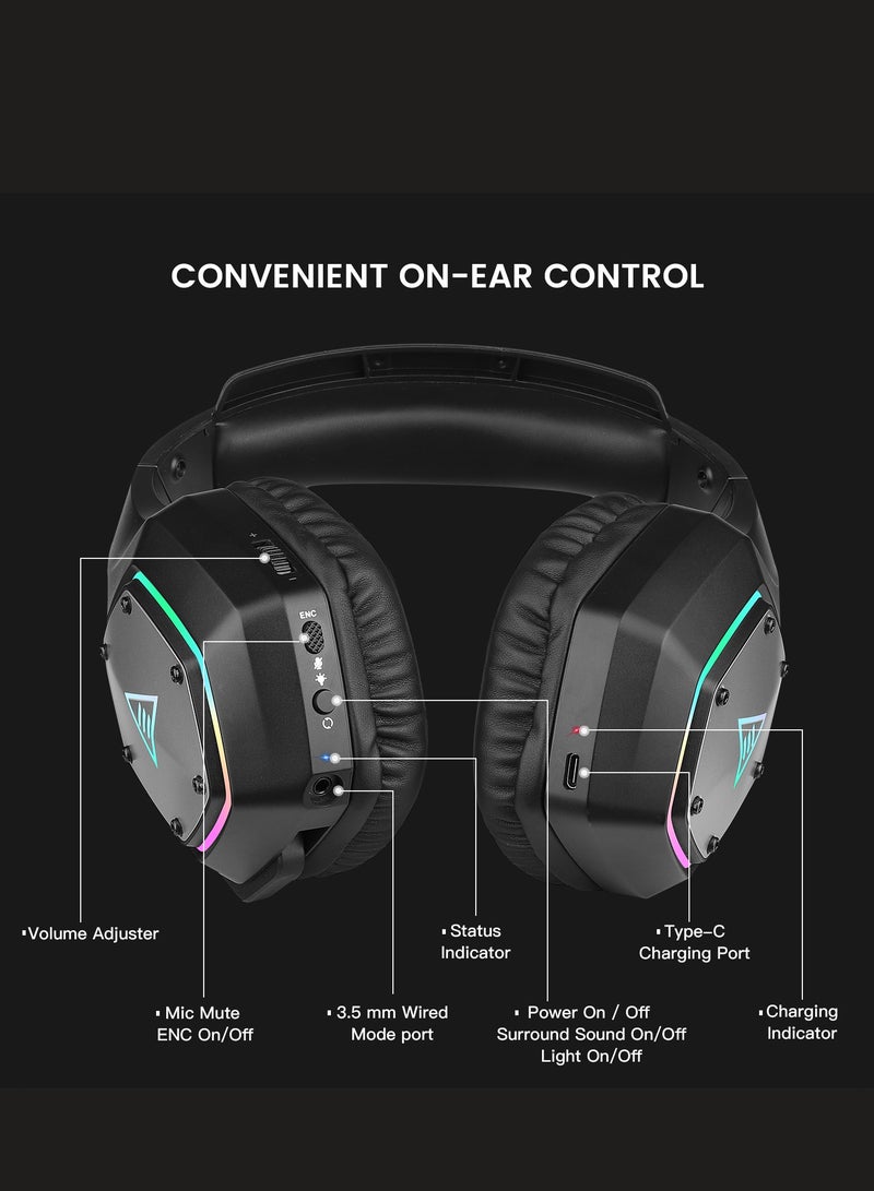 إكسا سماعة ألعاب لاسلكية EKSA، سماعات USB بتردد 2.4GHz مع ميكروفون لجهاز الكمبيوتر، PS5، PS4، نينتندو سويتش، سماعة صوت محيط 7.1 لجهاز الكمبيوتر، إضاءة RGB، تصميم مريح، سلكية 3.5mm لجهاز Xbox Series. - Image 2