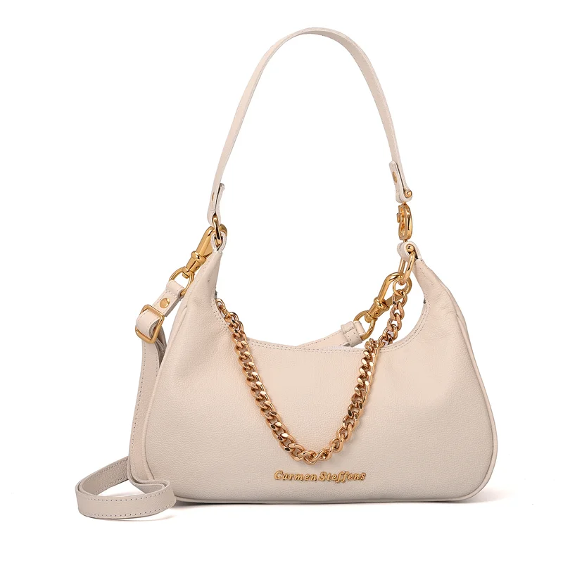 Carmen Steffens White Bianco Half-Moon Leather Bag with Chain