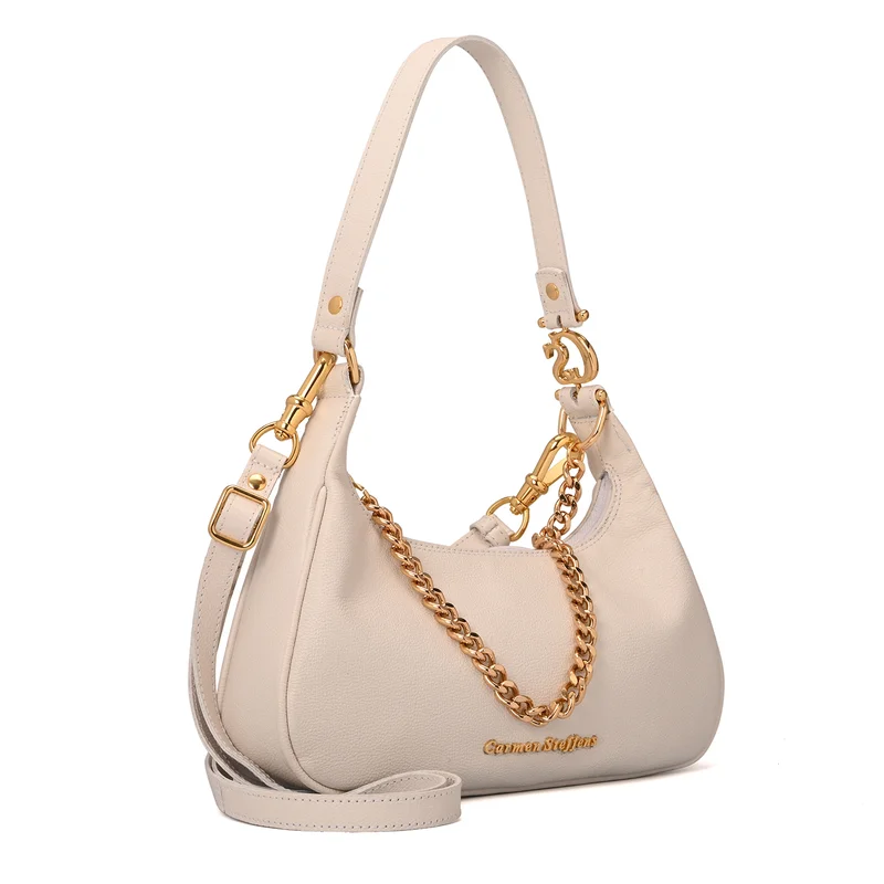 White Bianco Half-Moon Leather Bag with Chain