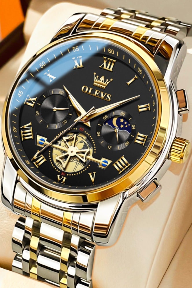 أوليفز ساعة يد فاخرة مضيئة مقاومة للماء من OLEVS 2859 للرجال من الكوارتز الأصلي الكلاسيكي بميناء روماني بمرحلة القمر للرجال - Image 1
