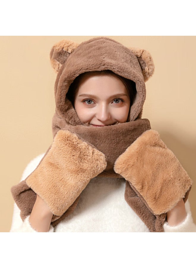 Yuzhaolin Women's Winter Hat, Gloves, And Scarf Set With Cute Bear Ears, Thick Plush, Warm Autumn And Winter Three-piece Set, Coffee Color - Image 4
