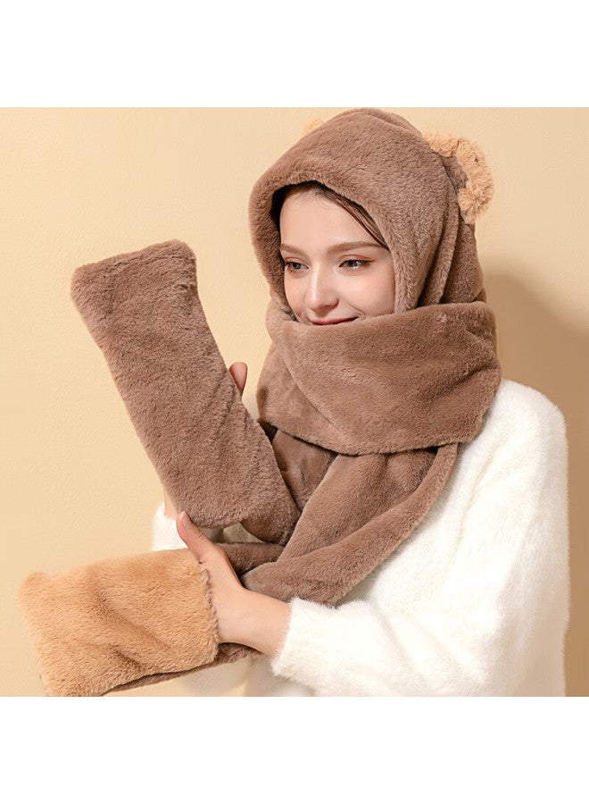 Yuzhaolin Women's Winter Hat, Gloves, And Scarf Set With Cute Bear Ears, Thick Plush, Warm Autumn And Winter Three-piece Set, Coffee Color - Image 3
