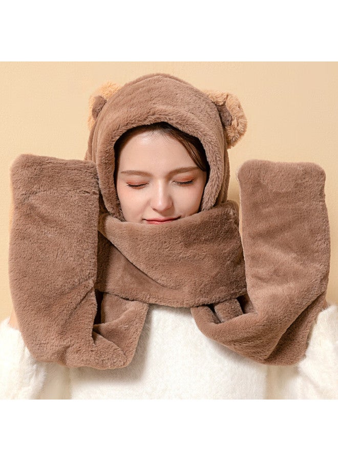Yuzhaolin Women's Winter Hat, Gloves, And Scarf Set With Cute Bear Ears, Thick Plush, Warm Autumn And Winter Three-piece Set, Coffee Color - Image 1