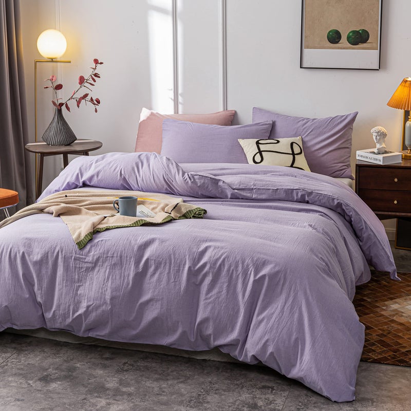 Janlive Washed Cotton Duvet Cover Twin Ultra Soft 100% Cotton Solid Color Lavender Purple Duvet Cover Set with Zipper Closure -2 Pieces Purple Twin - Image 2