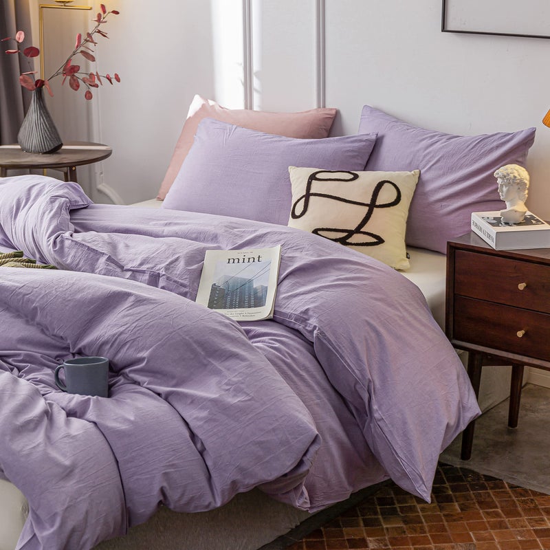 Janlive Washed Cotton Duvet Cover Twin Ultra Soft 100% Cotton Solid Color Lavender Purple Duvet Cover Set with Zipper Closure -2 Pieces Purple Twin - Image 3