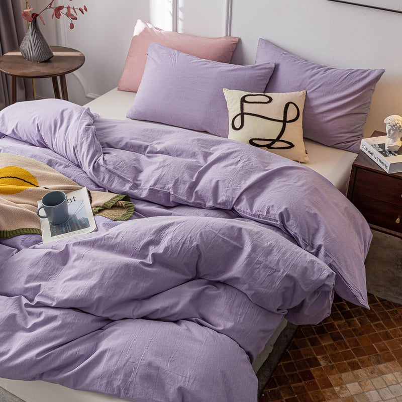 Janlive Washed Cotton Duvet Cover Twin Ultra Soft 100% Cotton Solid Color Lavender Purple Duvet Cover Set with Zipper Closure -2 Pieces Purple Twin - Image 4