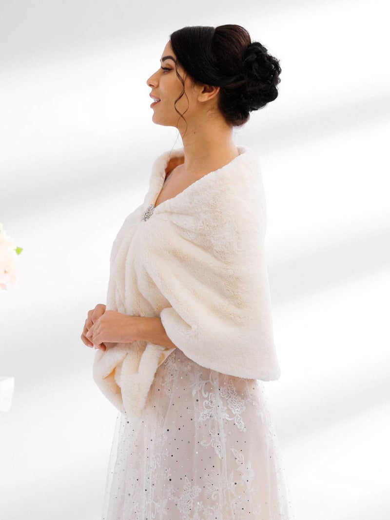 Jovono Women's Bride Wedding Faux Fur Shawl Wrap and Scarf for Women (Ivory) - Image 5