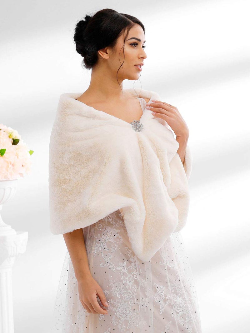 Jovono Women's Bride Wedding Faux Fur Shawl Wrap and Scarf for Women (Ivory) - Image 3