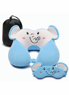 Travel Pillow for Kids and Adults Cute Animal Memory Foam Neck Pillow with Soft Fleece Cover and Eye Mask Set Airplane Pillow Travel Kit with Drawstring Organizer Bag Machine Washable (Elephant)