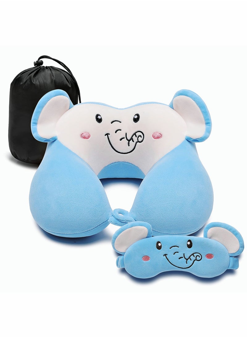 SYOSI - Travel Pillow for Kids and Adults Cute Animal Memory Foam Neck Pillow with Soft Fleece Cover and Eye Mask Set Airplane Pillow Travel Kit with Drawstring Organizer Bag Machine Washable (Elephant) - Image 1