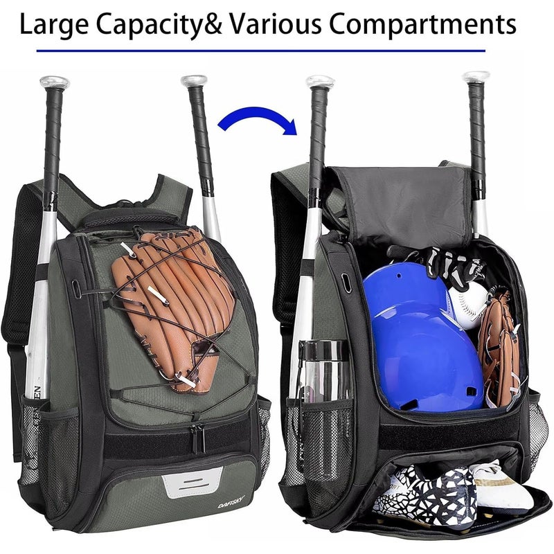 DAFISKY Baseball Bag Softball Backpack - Youth Adult T Ball Bat Equipment Bag with Bat and Helmet Holders, Shoe Compartment and Hook, Gray - Image 3