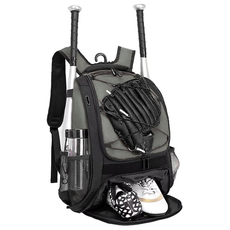 DAFISKY Baseball Bag Softball Backpack - Youth Adult T Ball Bat Equipment Bag with Bat and Helmet Holders, Shoe Compartment and Hook, Gray - Image 1