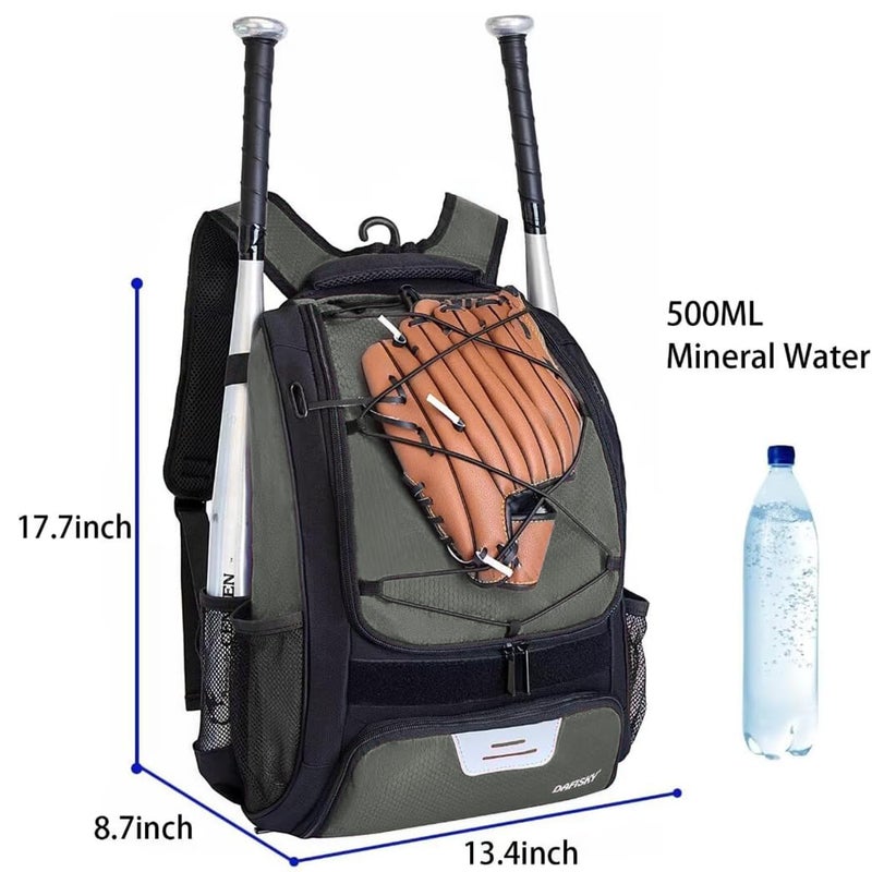 DAFISKY Baseball Bag Softball Backpack - Youth Adult T Ball Bat Equipment Bag with Bat and Helmet Holders, Shoe Compartment and Hook, Gray - Image 2