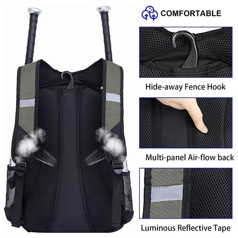 DAFISKY Baseball Bag Softball Backpack - Youth Adult T Ball Bat Equipment Bag with Bat and Helmet Holders, Shoe Compartment and Hook, Gray - Image 5