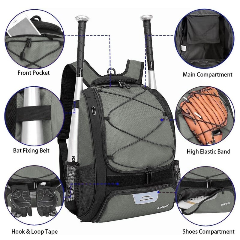 DAFISKY Baseball Bag Softball Backpack - Youth Adult T Ball Bat Equipment Bag with Bat and Helmet Holders, Shoe Compartment and Hook, Gray - Image 4