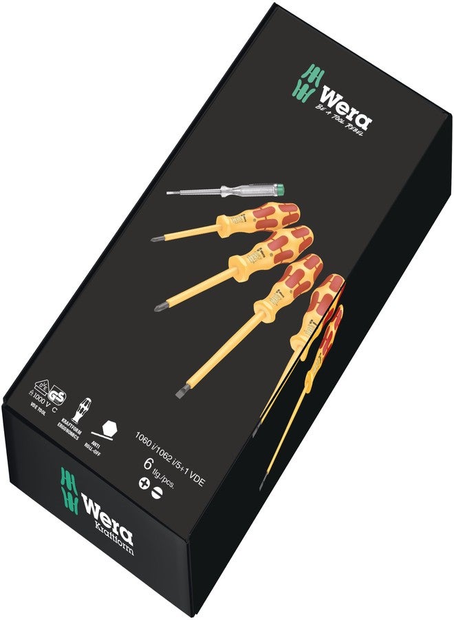 Wera 05323790001 Insulated Screwdriverset for electricians. 1000 V Rated | 5 Screwdrivers and a Tester | Multipurpose tool set, DIY, Electrical and plumbing taks, Professional & Industrial Usage - Image 1