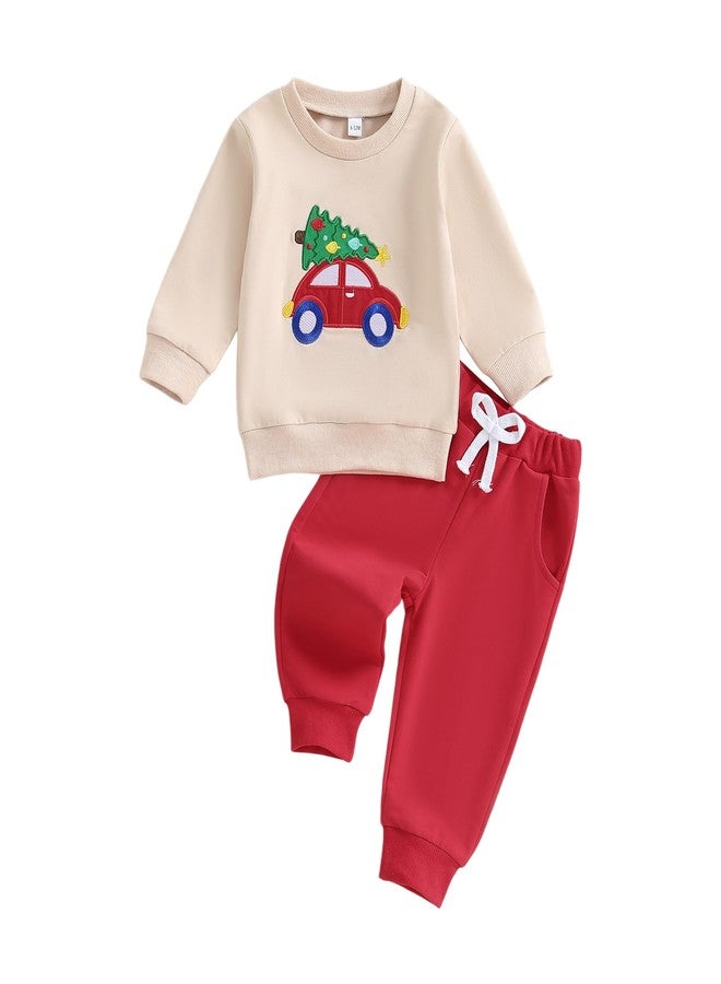 FOCUSNORM Toddler Baby Boy Christmas OutfitS Tree Car Embroidered Sweatshirt and Joggers Pants Infant Boy Fall Winter Clothes (Christmas Tree Apricot, 2-3T) - Image 1