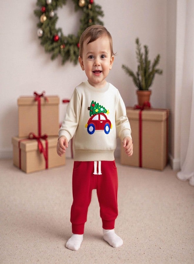 FOCUSNORM Toddler Baby Boy Christmas OutfitS Tree Car Embroidered Sweatshirt and Joggers Pants Infant Boy Fall Winter Clothes (Christmas Tree Apricot, 2-3T) - Image 3