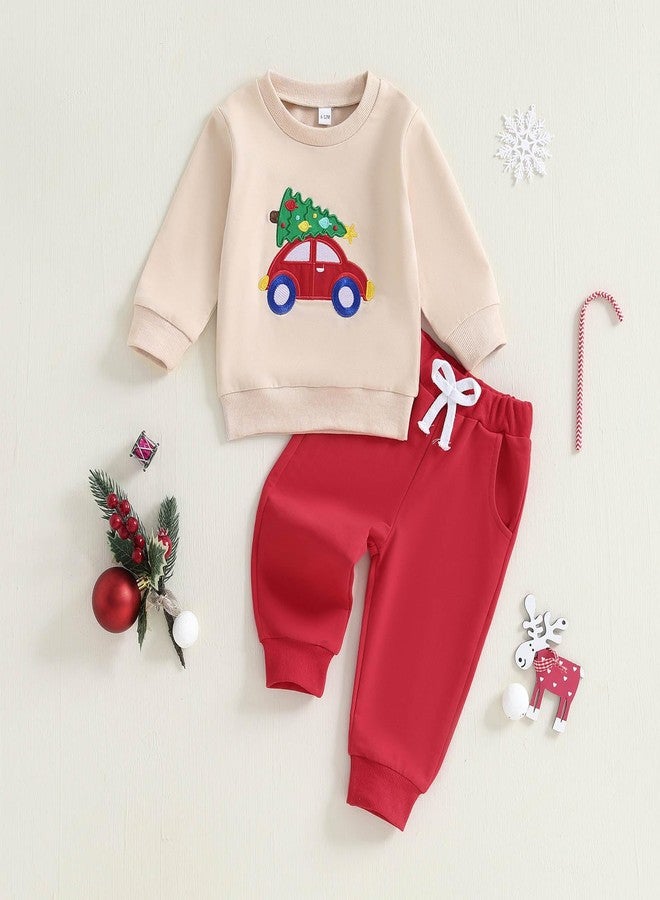FOCUSNORM Toddler Baby Boy Christmas OutfitS Tree Car Embroidered Sweatshirt and Joggers Pants Infant Boy Fall Winter Clothes (Christmas Tree Apricot, 2-3T) - Image 5