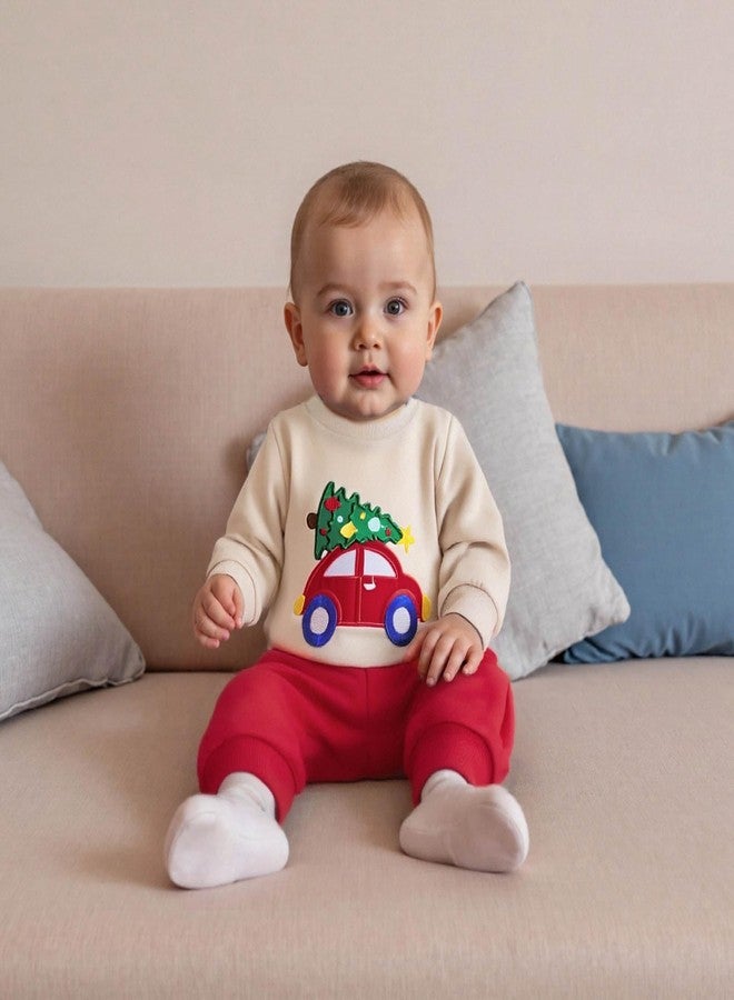 FOCUSNORM Toddler Baby Boy Christmas OutfitS Tree Car Embroidered Sweatshirt and Joggers Pants Infant Boy Fall Winter Clothes (Christmas Tree Apricot, 2-3T) - Image 4