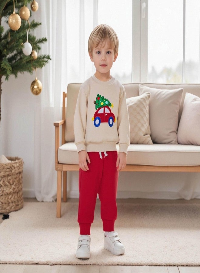 FOCUSNORM Toddler Baby Boy Christmas OutfitS Tree Car Embroidered Sweatshirt and Joggers Pants Infant Boy Fall Winter Clothes (Christmas Tree Apricot, 2-3T) - Image 2