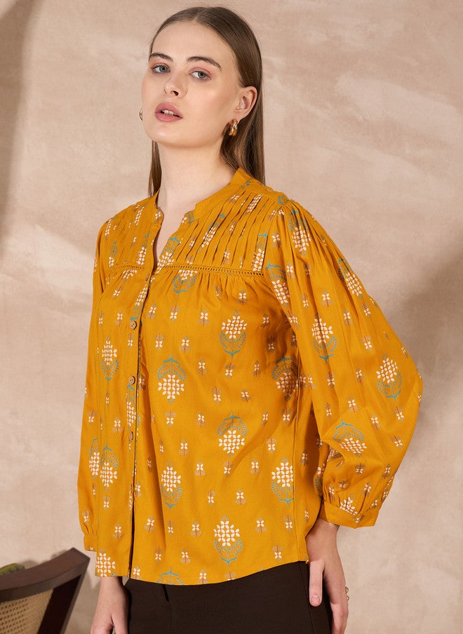 Baizee Routes by All About You Women Floral Print Mandarin Collar Puff Sleeve Top - Image 3