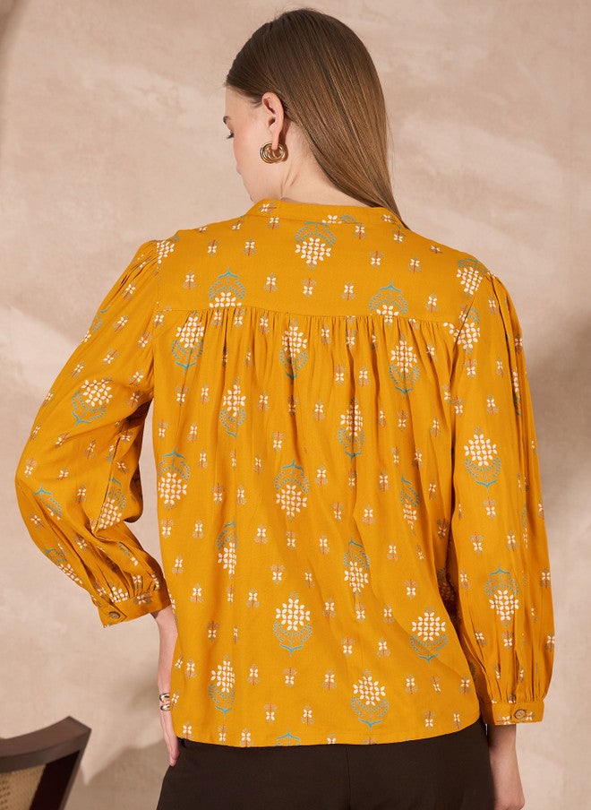 Baizee Routes by All About You Women Floral Print Mandarin Collar Puff Sleeve Top - Image 4