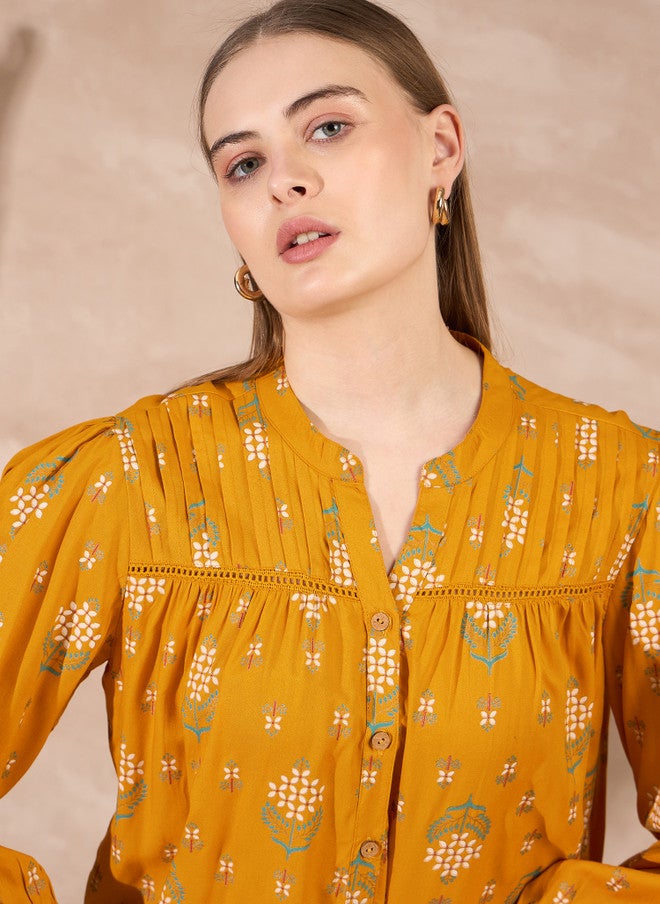 Baizee Routes by All About You Women Floral Print Mandarin Collar Puff Sleeve Top - Image 2
