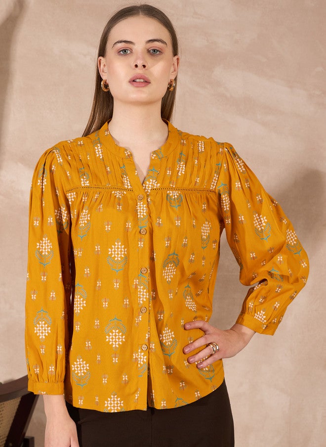 Baizee Routes by All About You Women Floral Print Mandarin Collar Puff Sleeve Top - Image 1