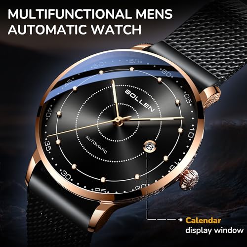 SOLLEN Automatic Self Winding Watches for Men, Mens Automatic Watch, Mechanical Stainless Steel 3 ATM Waterproof Luminous Luxury Dress Men's Wrist Watches with Calendar, Minimalist Watch Gifts for Men - Image 3