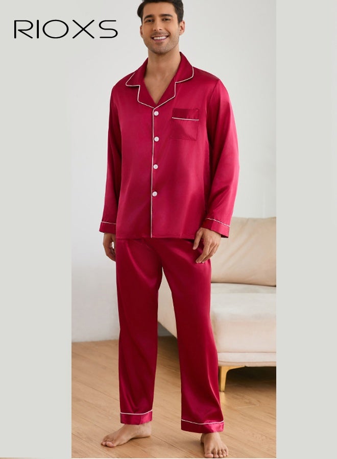 ريوكس طقم بيجامة رجالي، أكمام طويلة وسراويل، ملابس نوم كاجوال خفيفة الوزن بياقة مشقوقة، قميص نوم رجالي بجيوب على الصدر، ملابس نوم حمراء بأزرار، طقم مريح وخفيف الوزن ومسامي للربيع والخريف، للمنزل والسفر، طقم مريح للمنزل للرجال، ملابس بيجامة مريحة لعطلة نهاية الأسبوع - Image 2