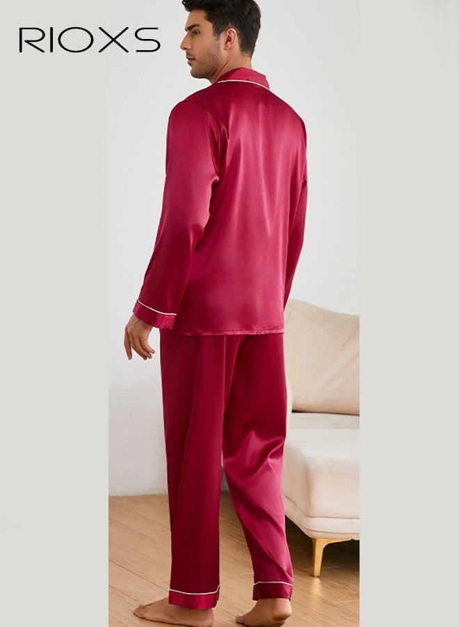 ريوكس طقم بيجامة رجالي، أكمام طويلة وسراويل، ملابس نوم كاجوال خفيفة الوزن بياقة مشقوقة، قميص نوم رجالي بجيوب على الصدر، ملابس نوم حمراء بأزرار، طقم مريح وخفيف الوزن ومسامي للربيع والخريف، للمنزل والسفر، طقم مريح للمنزل للرجال، ملابس بيجامة مريحة لعطلة نهاية الأسبوع - Image 3