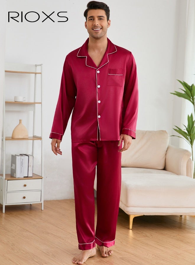 ريوكس طقم بيجامة رجالي، أكمام طويلة وسراويل، ملابس نوم كاجوال خفيفة الوزن بياقة مشقوقة، قميص نوم رجالي بجيوب على الصدر، ملابس نوم حمراء بأزرار، طقم مريح وخفيف الوزن ومسامي للربيع والخريف، للمنزل والسفر، طقم مريح للمنزل للرجال، ملابس بيجامة مريحة لعطلة نهاية الأسبوع - Image 1