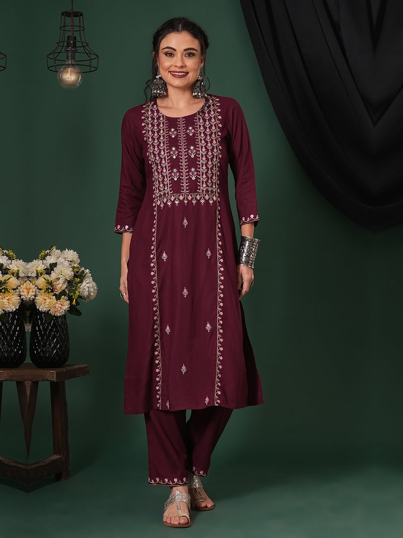 globus Globus Women Embroidered Yoke Calf Length Straight Kurta & Pants Ethnic Set  - Image 1