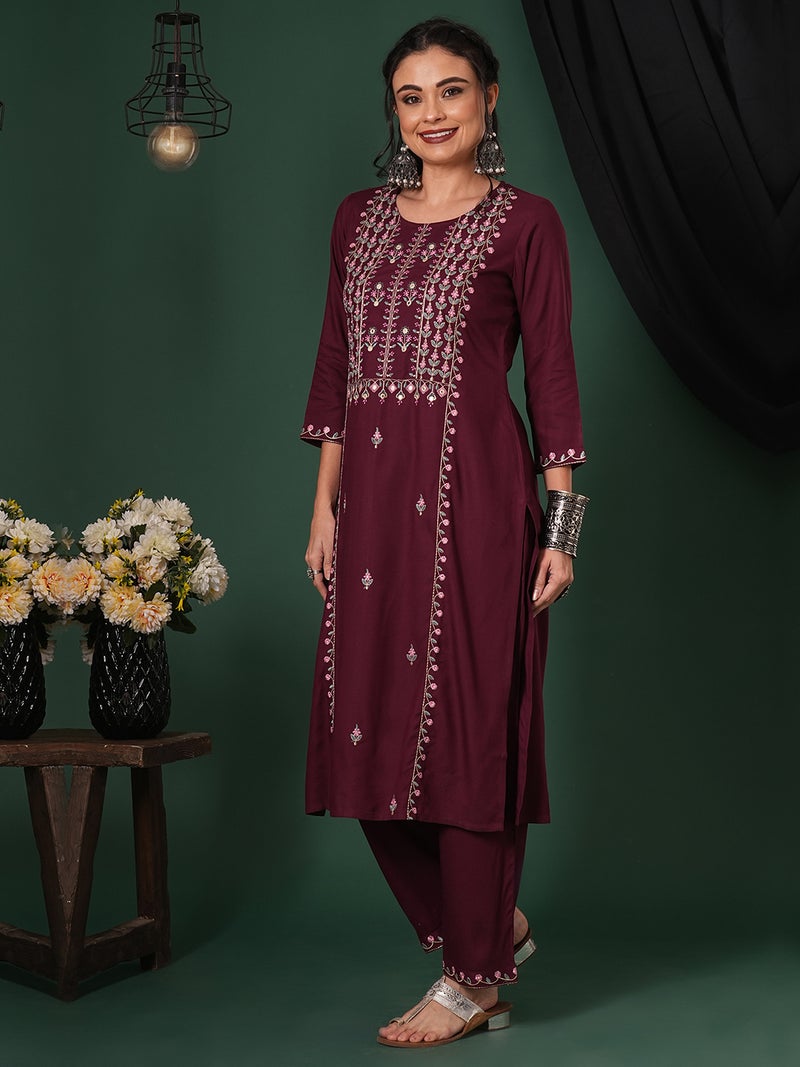 globus Globus Women Embroidered Yoke Calf Length Straight Kurta & Pants Ethnic Set  - Image 2