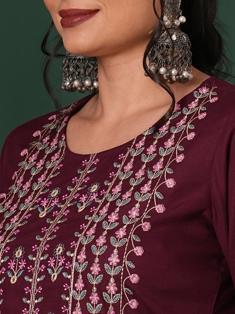 globus Globus Women Embroidered Yoke Calf Length Straight Kurta & Pants Ethnic Set  - Image 4