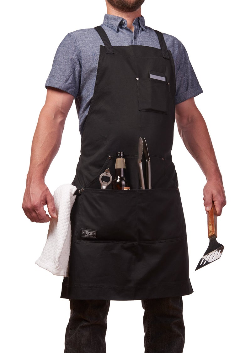 Hudson Durable Goods Professional Grade Chef Apron for Kitchen, BBQ, and Grill - 100% Cotton, Adjustable Crossback Apron for Men and Women with Large Pockets for Tools - Black - Image 1