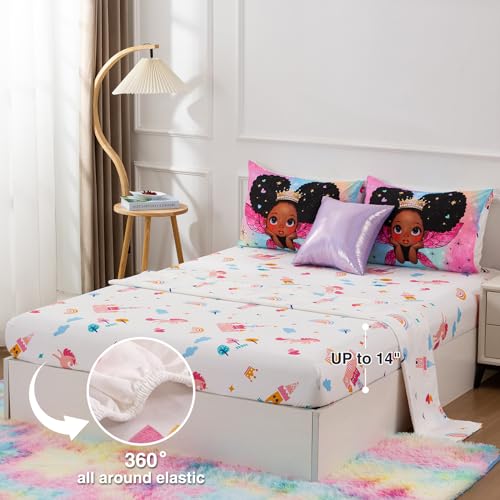 A Nice Night Black Girl Princess with Wings Comforter Set,Pink Gradient Glitter Rainbow Galaxy 6pcs Kids Bedding Set,Twin - Image 3