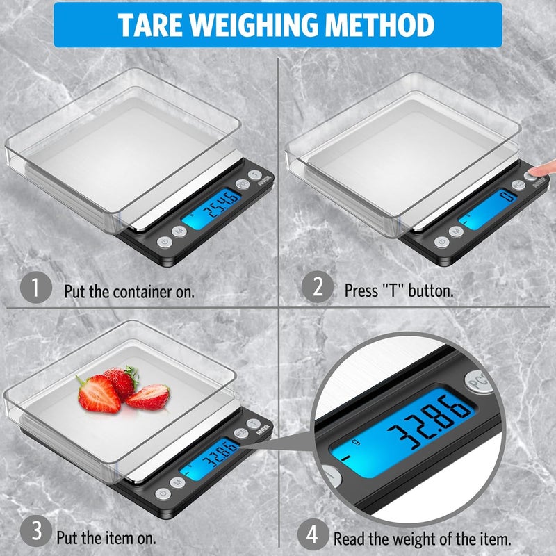 AMIR Digital Kitchen Scale, 500g/0.01g Mini Pocket Jewelry Scale, Cooking Food Scale with Backlit LCD Display, 2 Trays, 6 Units, Auto Off, Tare, PCS Function, Stainless Steel, Battery Included, Black - Image 2