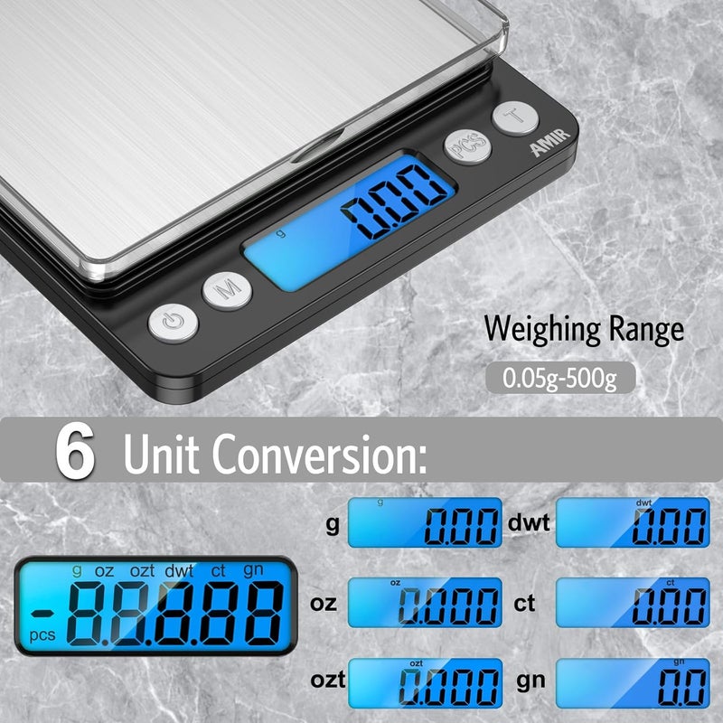 AMIR Digital Kitchen Scale, 500g/0.01g Mini Pocket Jewelry Scale, Cooking Food Scale with Backlit LCD Display, 2 Trays, 6 Units, Auto Off, Tare, PCS Function, Stainless Steel, Battery Included, Black - Image 4