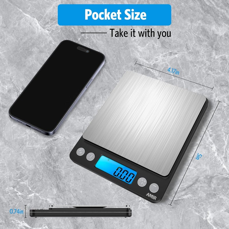 AMIR Digital Kitchen Scale, 500g/0.01g Mini Pocket Jewelry Scale, Cooking Food Scale with Backlit LCD Display, 2 Trays, 6 Units, Auto Off, Tare, PCS Function, Stainless Steel, Battery Included, Black - Image 5