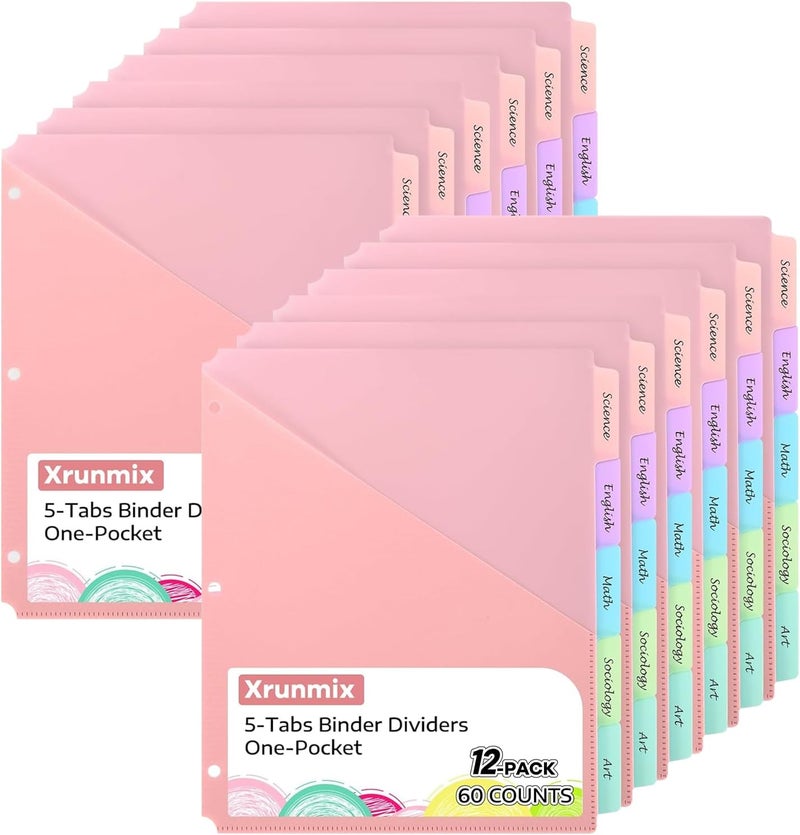 XRUNMIX 5 Tabs Dividers with Pockets for 3 Ring Binder, 5 Counts Binder Dividers for US Letter Size, Binder Dividers with Tabs for School Office Organization(XY025) (12) - Image 1