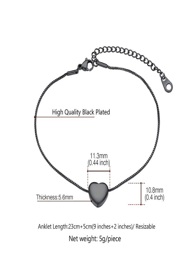 U7 Heart Anklets for Women, Stainless Steel Black Box Chain Ankle Bracelet 9-11 Inches Plus Size Barefoot Jewelry - Image 5