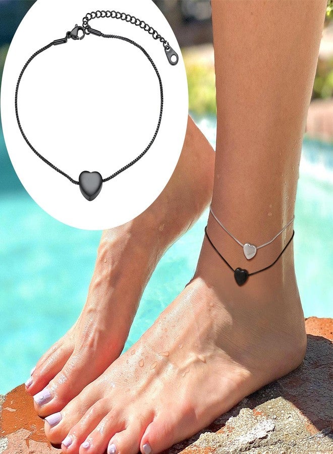 U7 Heart Anklets for Women, Stainless Steel Black Box Chain Ankle Bracelet 9-11 Inches Plus Size Barefoot Jewelry - Image 2