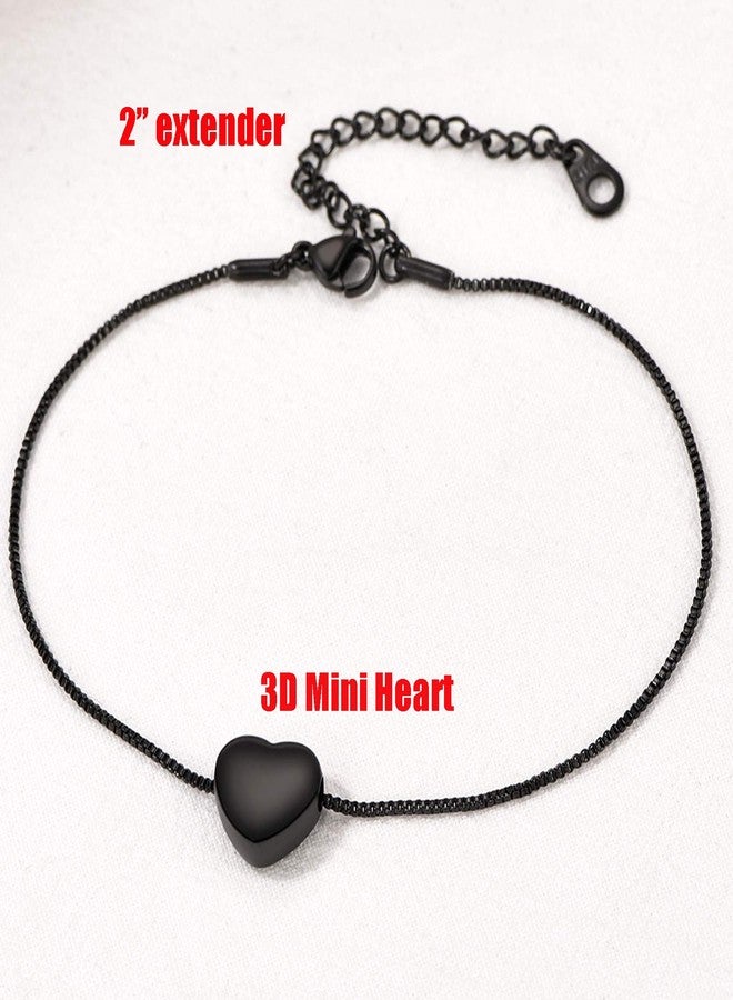 U7 Heart Anklets for Women, Stainless Steel Black Box Chain Ankle Bracelet 9-11 Inches Plus Size Barefoot Jewelry - Image 3