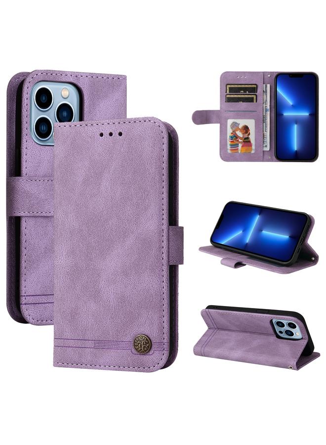 زبون جراب لهاتف iPhone 13 Pro Skin Feel Life Tree Metal Button أفقي من الجلد مع حامل وفتحة بطاقة ومحفظة وإطار صورة وحزام - Image 1