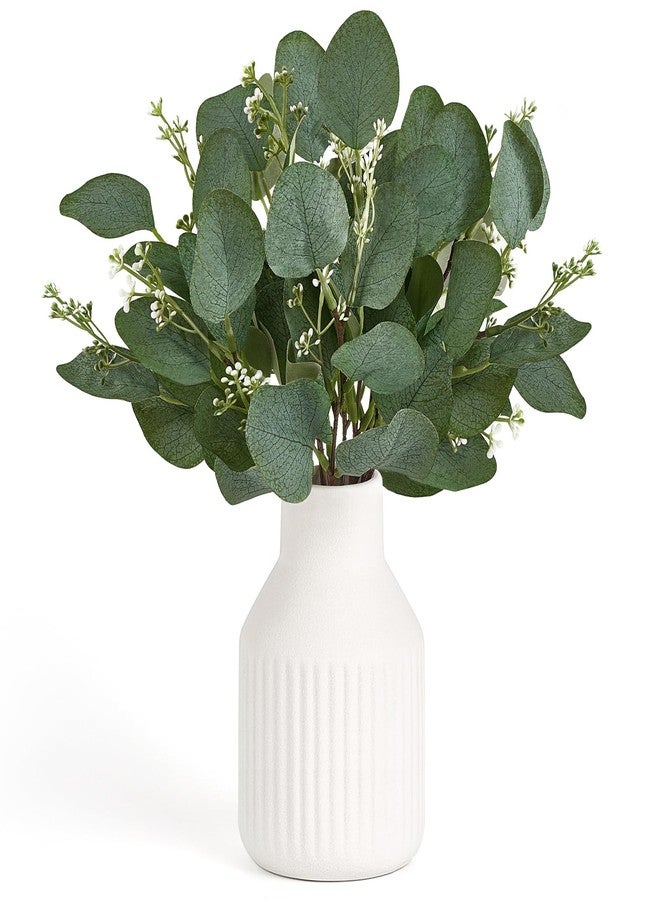 داهي أغصان أوكالبتوس صناعية من داهي في مزهرية سيراميك، قطعة مركزية لتزيين الطاولة، ديكور ريفي عصري، نباتات أوكالبتوس صناعية مع مزهرية للحمام والمطبخ ورفوف غرفة المعيشة، ديكور منزلي، أبيض - Image 1