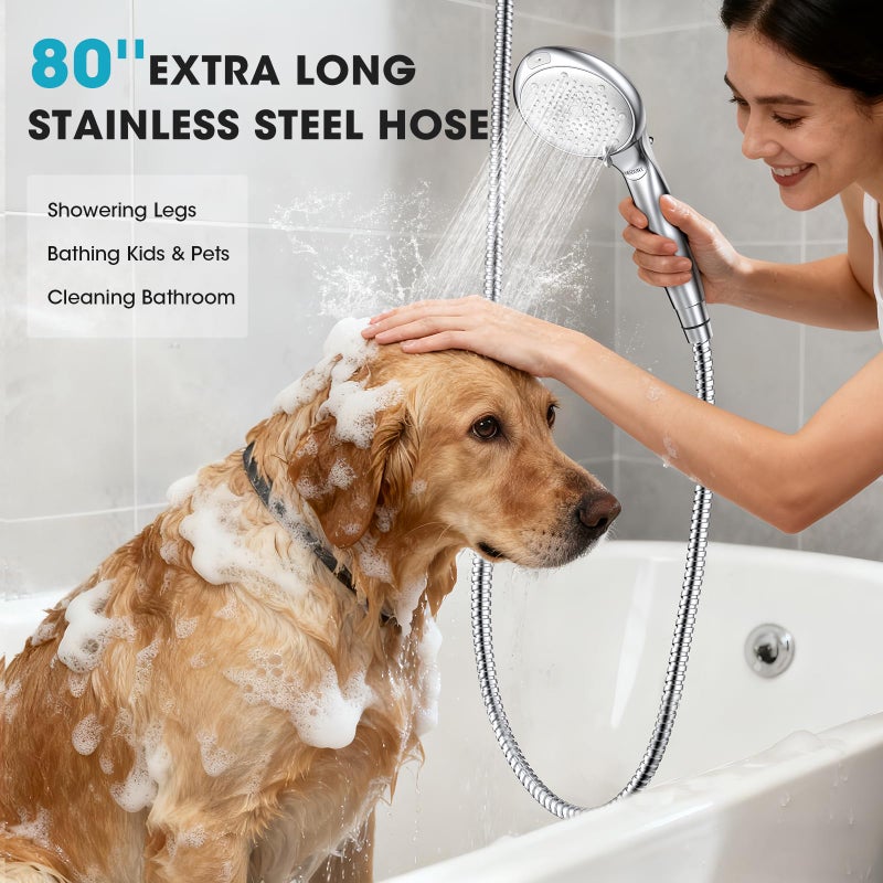 FASDUNT Shower Head with Handheld, High Pressure 8-Mode Filtered Shower Head with 80" Extra Long Stainless Steel Hose & Adjustable Bracket, Built-in Filter for Hard Water -Remove Chlorine, Chrome - Image 3