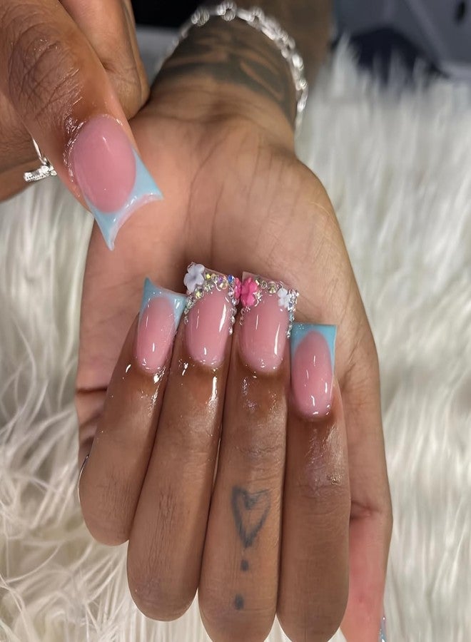 Duck Nails Press On Blue French Tip Press On Nails With 3D Flower Rhinestone Design Cute Fake Nails Reusable Acrylic Nails Glossy Full Cover Artificial Stick On Nails For Women Manicure 24 Pcs